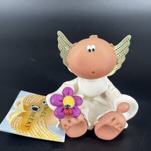2001 Resin Angel Cheeks Holding Purple Flower Ladybug Spring By Kirk w/ Tag